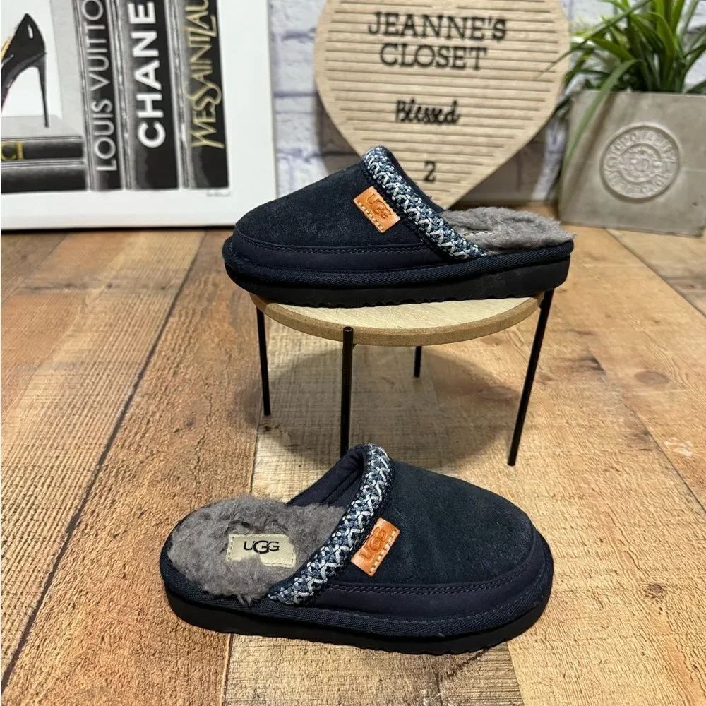 Ugg Tasman II Youth Navy Blue Suede Mule Moccasin Shearling Footbed 10
